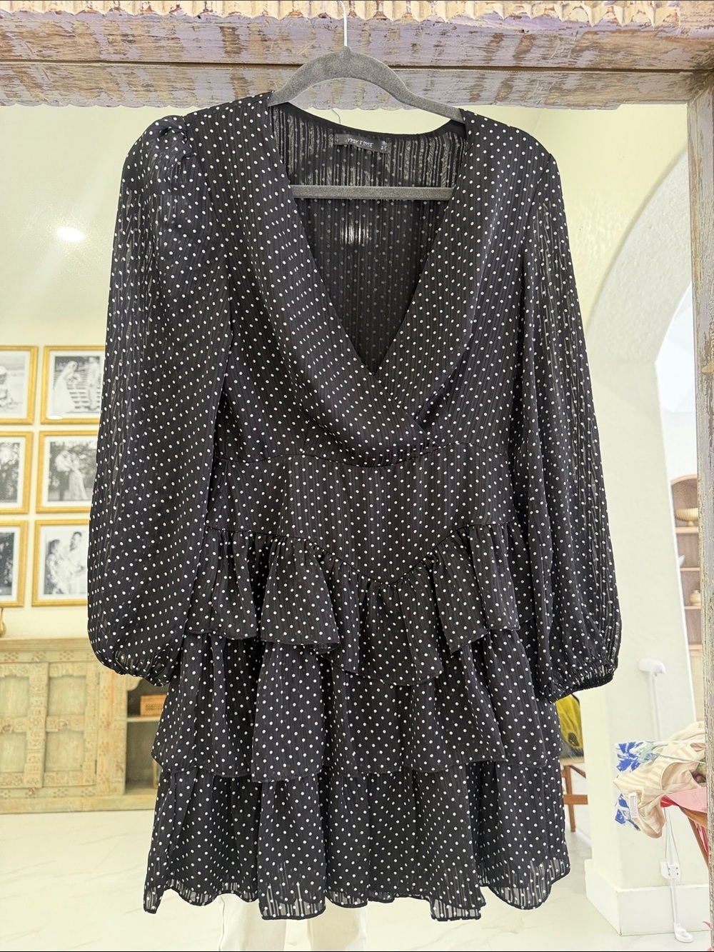 Black and White Polka Dot Tiered Long-Sleeve Dress